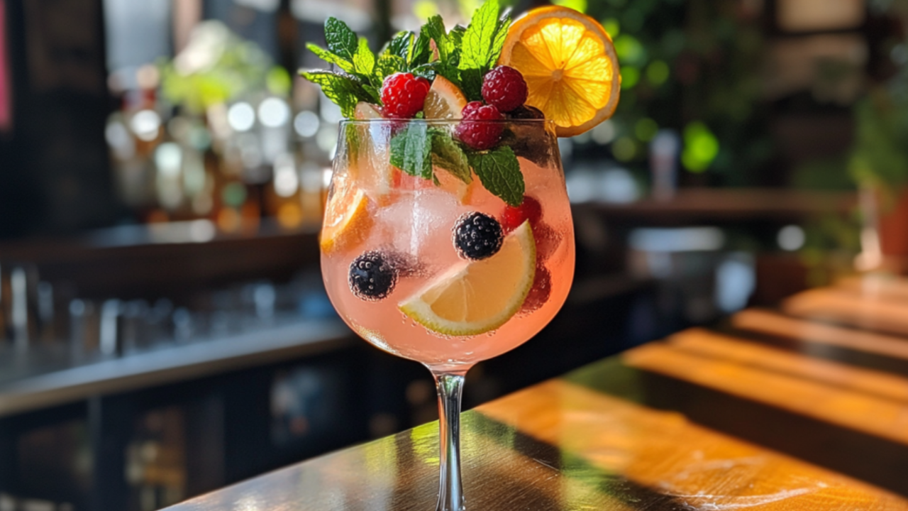 Light pink non-alcoholic cocktail in a wine glass, filled with citrus slices, berries, and mint, set in a bright, plant-filled bar with natural sunlight.