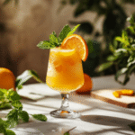 Bright orange mocktail in a stemmed glass with ice, topped with a fresh orange slice and mint, surrounded by citrus fruits and leafy greens in sunlight.