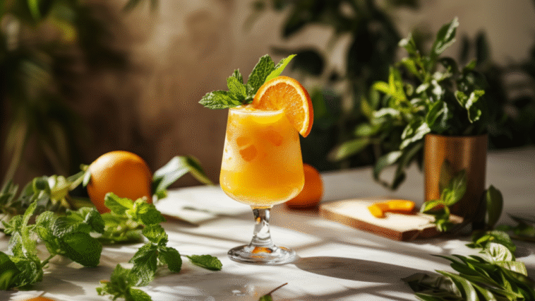 Bright orange mocktail in a stemmed glass with ice, topped with a fresh orange slice and mint, surrounded by citrus fruits and leafy greens in sunlight.