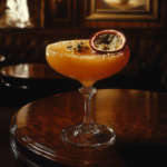 Deep orange passion fruit cocktail in a coupe glass, topped with a halved passion fruit, set in a dimly lit lounge with dark wood and plush seating.