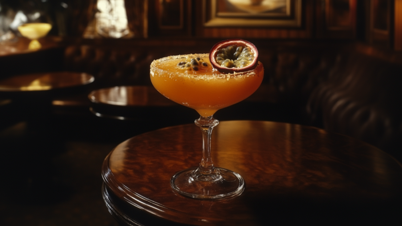 Deep orange passion fruit cocktail in a coupe glass, topped with a halved passion fruit, set in a dimly lit lounge with dark wood and plush seating.