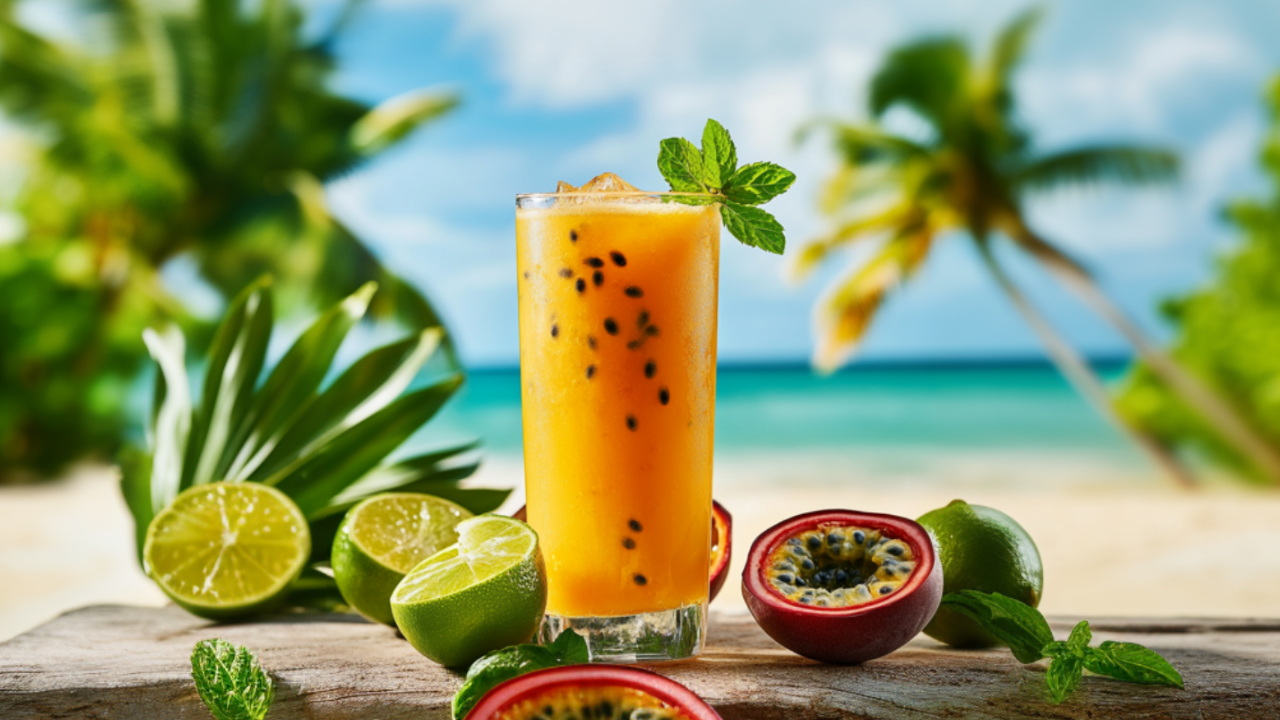 Bright orange passion fruit mocktail in a tall glass with seeds and mint, surrounded by fresh limes and passion fruits, set on a tropical beach with palm trees.