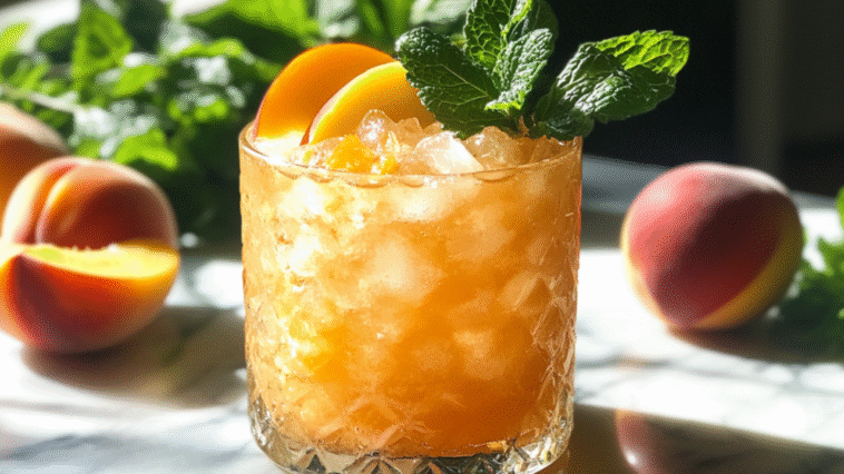 Golden orange peach mocktail in a textured glass, packed with crushed ice, peach slices, and mint, set on a sunlit surface with fresh peaches nearby.