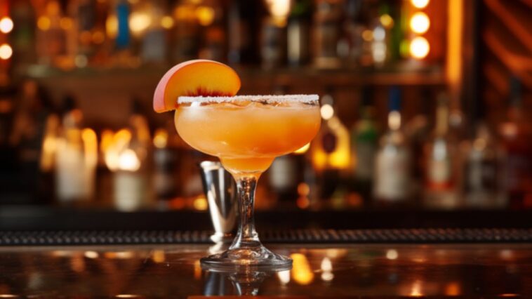 Peach tequila cocktail in a salt-rimmed margarita glass with a peach slice garnish, set on an elegant bar with warm lighting and tequila bottles behind.
