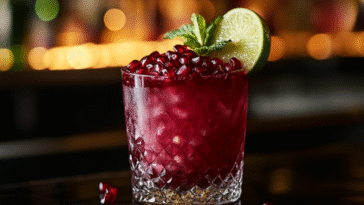 Deep red pomegranate mocktail in a round glass, topped with seeds, mint, and lime, set on a dark surface with a moody bar background and warm lighting.