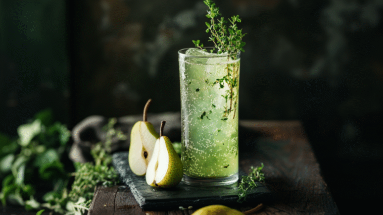 Light green pear mocktail in a tall glass with bubbles and fresh herbs, surrounded by pear slices and greenery on a rustic wooden surface with moody lighting.