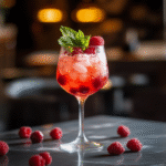 Bright red raspberry mocktail in a wine glass with ice, garnished with fresh raspberries and mint, set on a marble table with scattered berries and warm lighting.