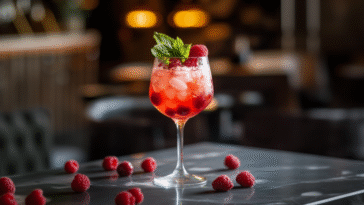 Bright red raspberry mocktail in a wine glass with ice, garnished with fresh raspberries and mint, set on a marble table with scattered berries and warm lighting.