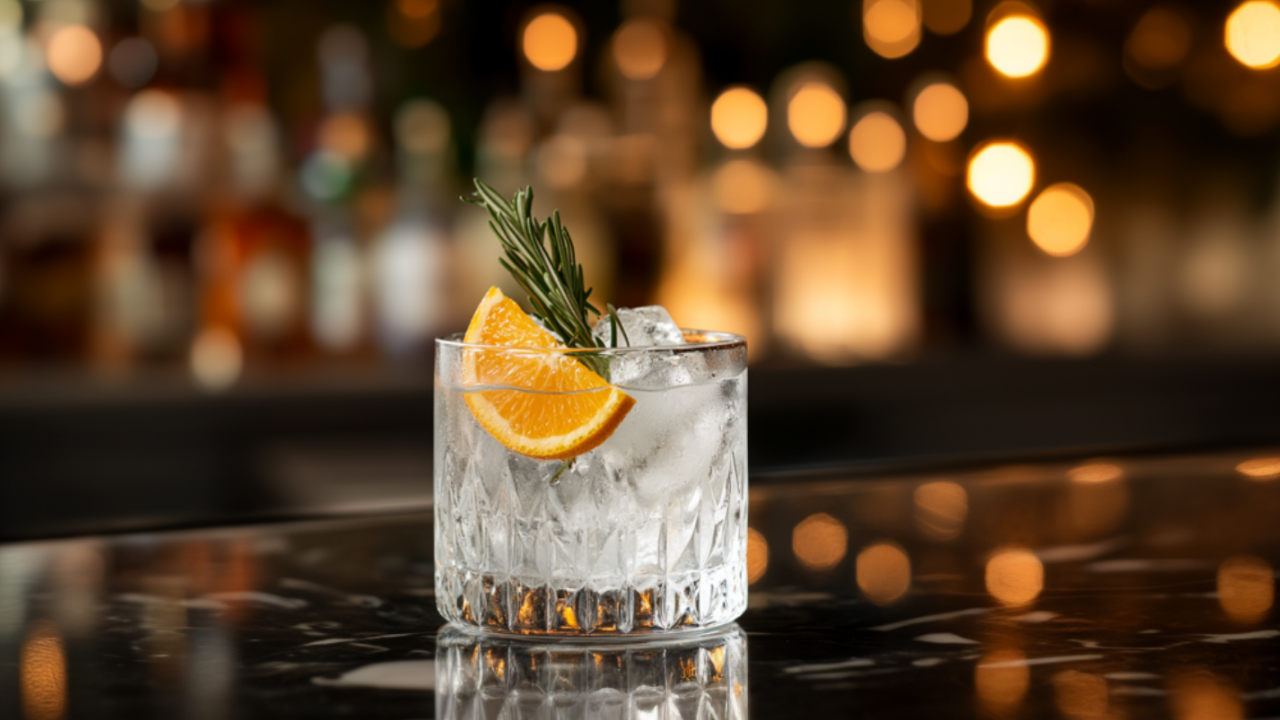 Clear Seedlip mocktail in a textured glass with ice, garnished with an orange wedge and rosemary sprig, set on a glossy bar with warm bokeh lights behind.