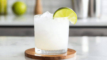 A frosty white Kamikaze shot in a clear glass, garnished with a lime wedge, set on a wooden coaster against a clean white countertop with bar tools in back.