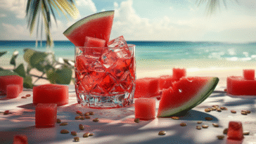 A vibrant red watermelon shot garnished with a fresh slice, set on a sunlit table with scattered seeds and juicy cubes by a breezy ocean view.
