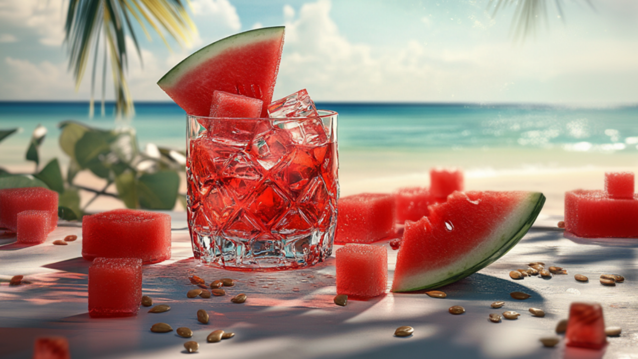 A vibrant red watermelon shot garnished with a fresh slice, set on a sunlit table with scattered seeds and juicy cubes by a breezy ocean view.