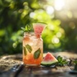 Watermelon tequila cocktail in a mason jar with mint and watermelon garnish on a wooden table, set against sunny greenery in a relaxed summer setting.
