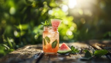 Watermelon tequila cocktail in a mason jar with mint and watermelon garnish on a wooden table, set against sunny greenery in a relaxed summer setting.