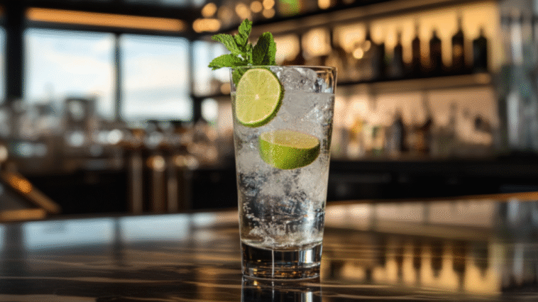Refreshing clear cocktail in a tall glass with lime slices, mint garnish, and ice, set on a polished bar counter with a softly lit modern bar backdrop.