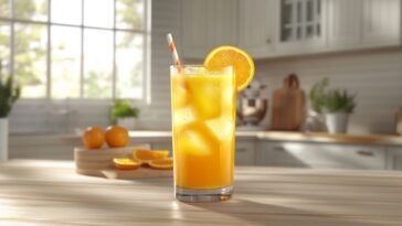 Refreshing orange cocktail in a tall glass with ice, garnished with an orange slice and striped straw, set on a sunny kitchen counter with fresh oranges.