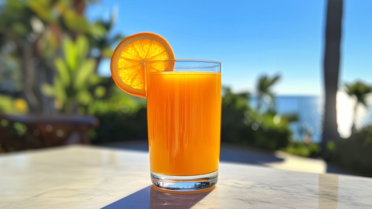 Vibrant orange cocktail in a tall glass garnished with a fresh orange slice, set on a sunlit table with a tropical beach view in the background.