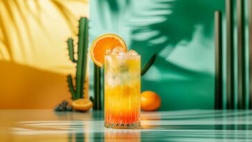 Vibrant cactus cooler cocktail in a tall glass with ice and orange slice garnish, set on a colorful tropical backdrop with shadows and citrus accents.
