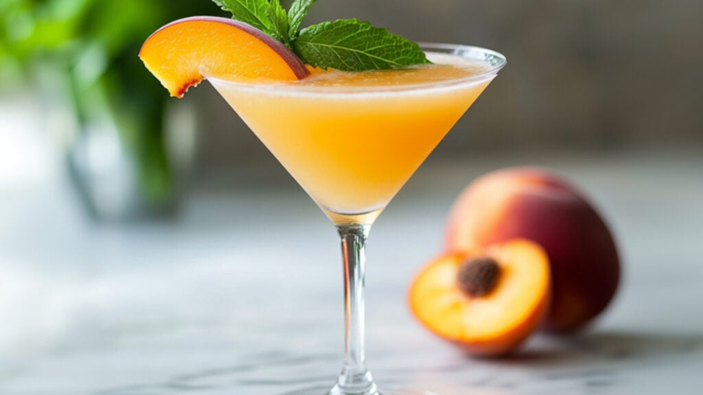 Peach Cosmopolitan cocktail in a martini glass, peach-pink drink topped with a fresh peach slice and mint, served chilled for a refreshing sip.