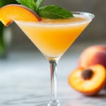 Peach Cosmopolitan cocktail in a martini glass, peach-pink drink topped with a fresh peach slice and mint, served chilled for a refreshing sip.