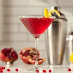 Pomegranate Cosmopolitan 9 Pomegranate cosmopolitan in a martini glass with a lemon twist garnish, set on a bright kitchen counter with pomegranate seeds, lemons, and cocktail shakers in the background.