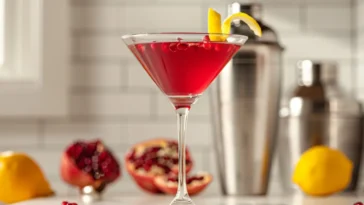 Pomegranate cosmopolitan in a martini glass with a lemon twist garnish, set on a bright kitchen counter with pomegranate seeds, lemons, and cocktail shakers in the background.