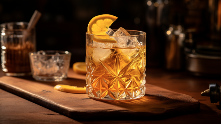 Horsefeather 1 A vibrant and inviting cocktail scene at a cozy bar, showcasing a highball glass filled with a Horsefeather cocktail. The cocktail is beautifully garnished with a lemon twist and a dash of bitters on top, creating an inviting swirl of colors. The glass is surrounded by ingredients mentioned in the recipe: a bottle of whiskey, a ginger beer bottle, fresh lemons, and a small container of Angostura bitters. The bar counter is made of polished wood, and the background softly blurs into the warm, ambient lighting of the bar, creating a welcoming atmosphere that invites guests to try this delicious concoction