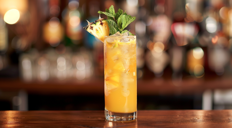 pineapple mojito garnished with mint and pineapple wedge