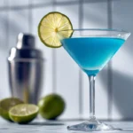 Blue raspberry cosmopolitan in a martini glass with a lime wheel garnish, set on a bright tiled counter with limes and a cocktail shaker in the background.