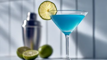 Blue raspberry cosmopolitan in a martini glass with a lime wheel garnish, set on a bright tiled counter with limes and a cocktail shaker in the background.