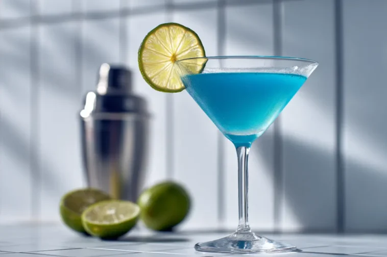 Blue Raspberry Cosmopolitan 1 Blue raspberry cosmopolitan in a martini glass with a lime wheel garnish, set on a bright tiled counter with limes and a cocktail shaker in the background.
