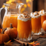 Rich orange pumpkin pie punch mocktail in clear glasses with whipped topping and cinnamon, set on a wooden table with pumpkins and a pitcher in autumn light.