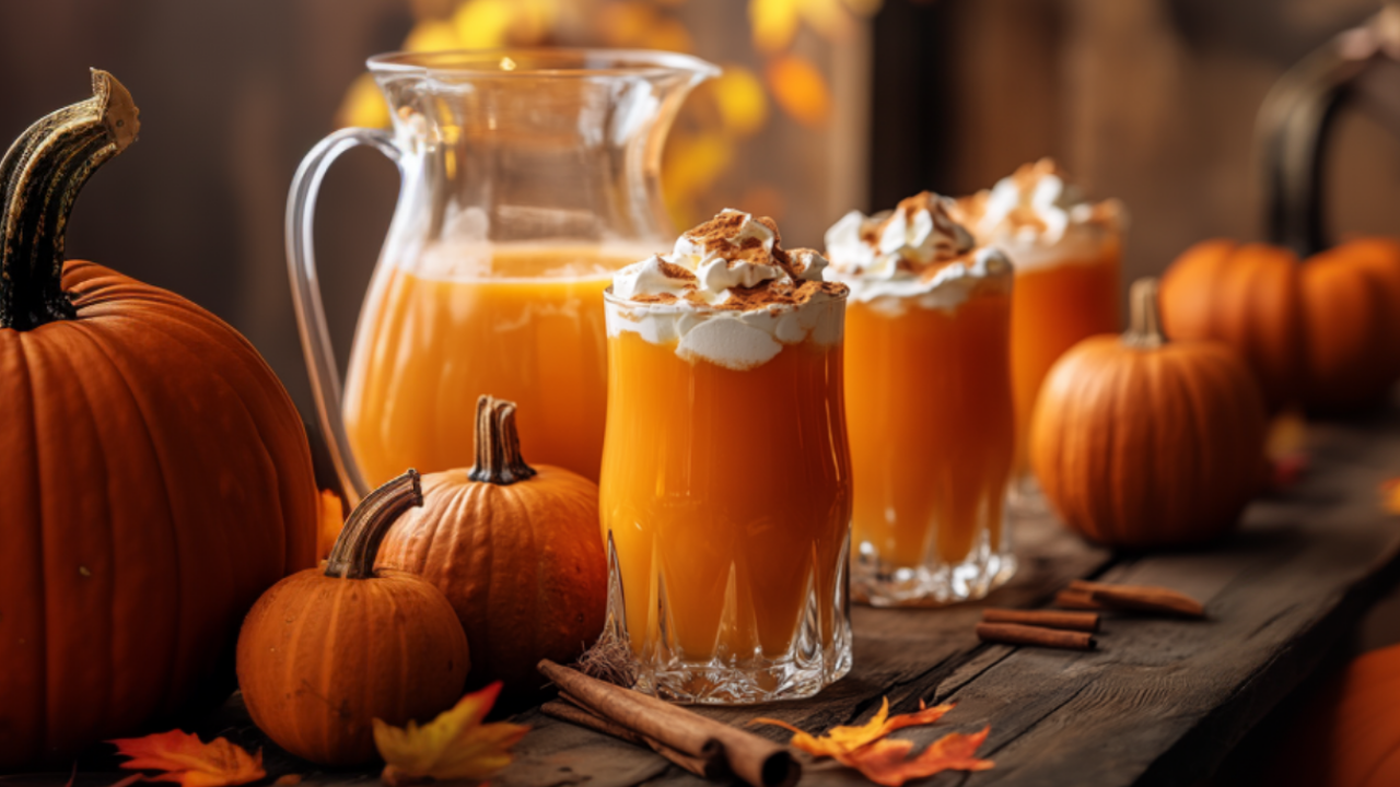 Rich orange pumpkin pie punch mocktail in clear glasses with whipped topping and cinnamon, set on a wooden table with pumpkins and a pitcher in autumn light.