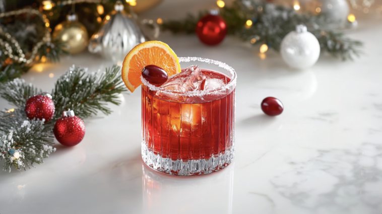 Christmas Old Fashioned 1 Christmas Old Fashioned cocktail with cranberry, orange slice, and sugared rim on a holiday table with ornaments and winter greens.