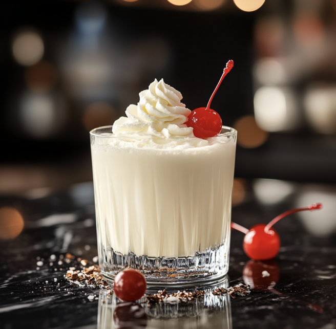 42 Christmas Cocktails for the Holiday Season 11 Cherry Almond Snow Cocktail topped with whipped cream and a maraschino cherry on a dark bar surface.