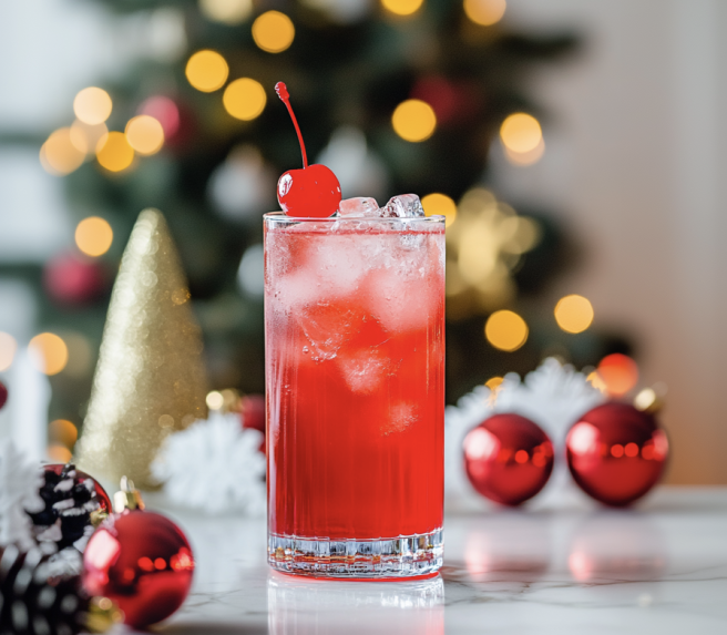 42 Christmas Cocktails for the Holiday Season 18 Kringle Krusher holiday cocktail in a tall glass with ice and a cherry garnish on a Christmas table with ornaments and a tree in the background.